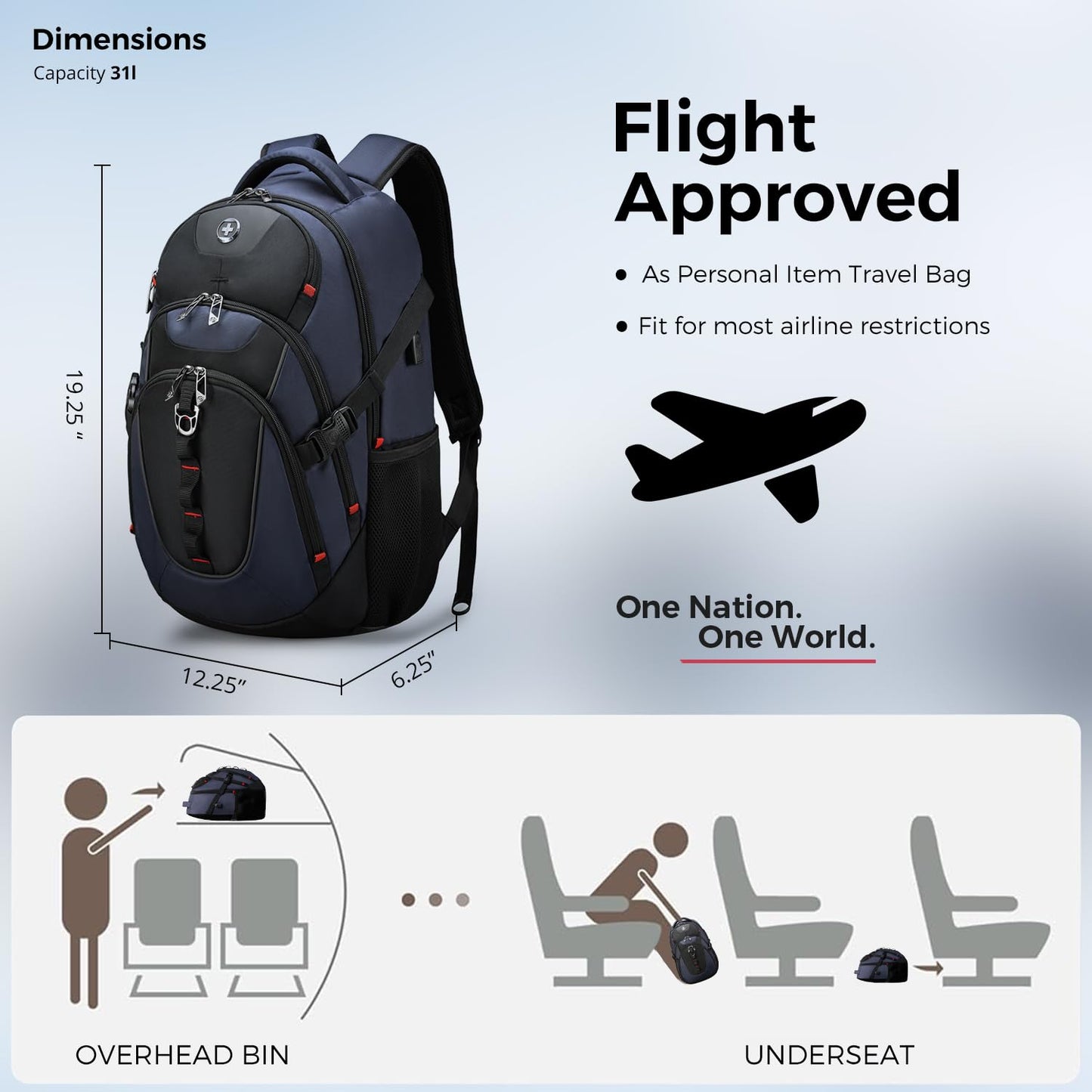 Swissdigital Design Laptop Backpack with USB Charging Port, Travel Backpack Fits 15.6 inches Computer, 31L College School Backpack for Men, Blue/Black | SD803-12
