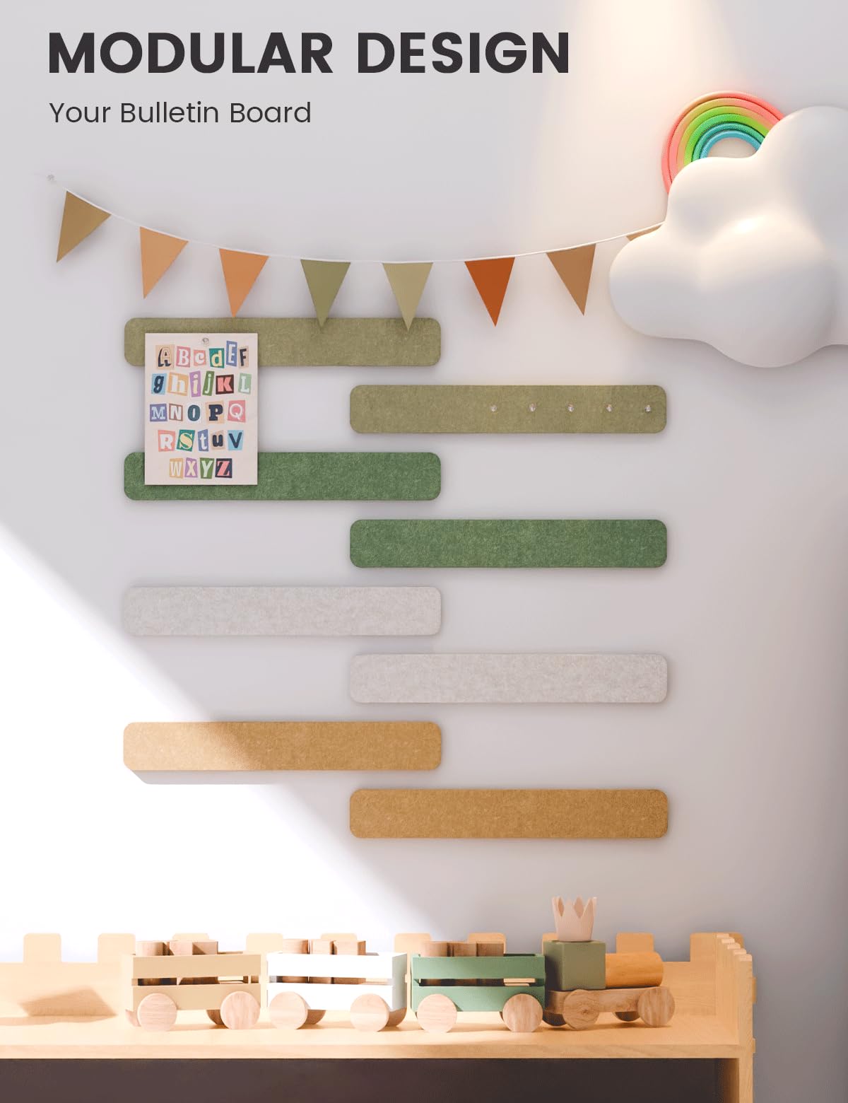 Fluxynara Cork Board Alternative Felt Strip Board 8-Pack 13"x2", Office Pin Board with 50 Push Pins, Adhesive Install for Bedroom Door & Home Office (Olive Grove)