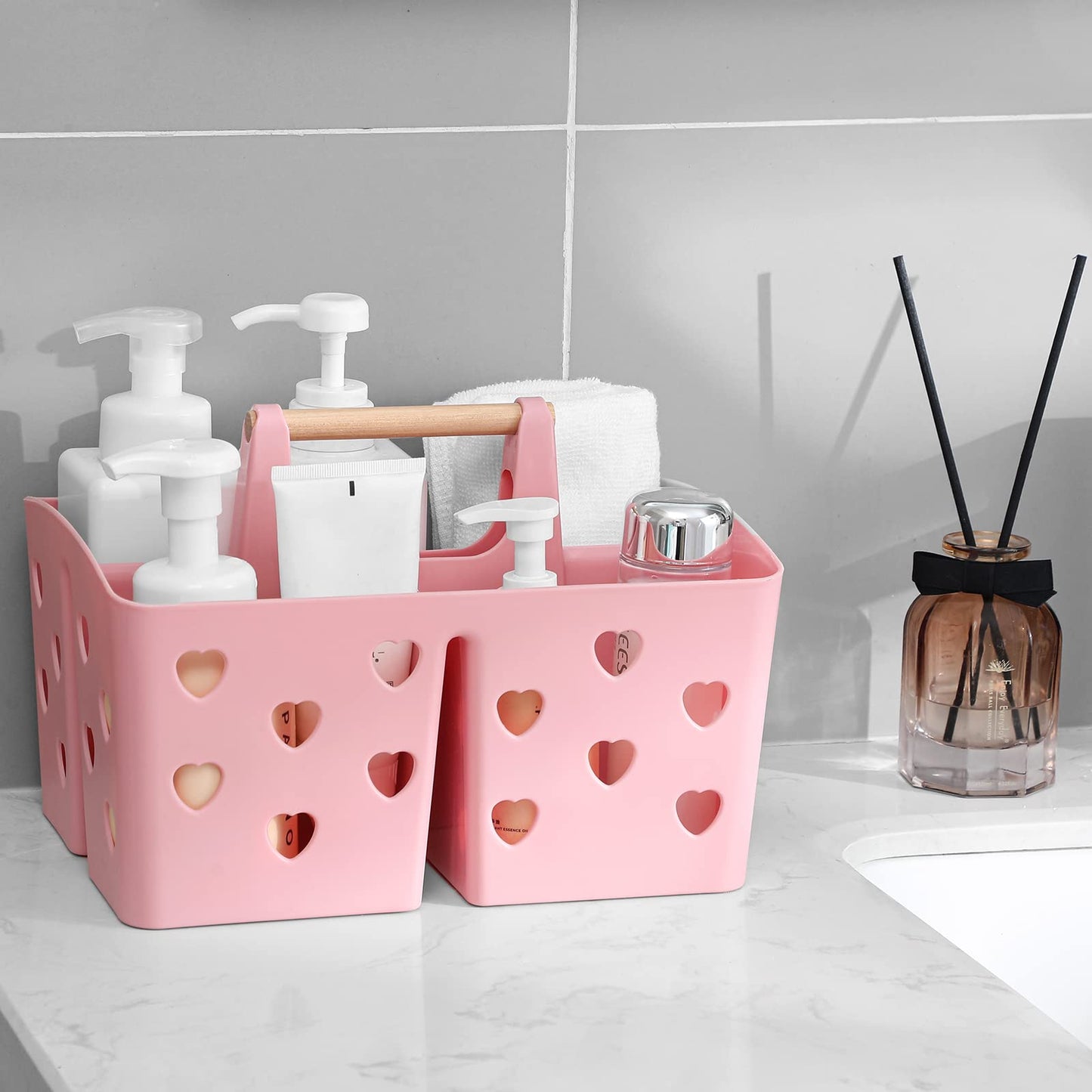 Anyoifax Portable Shower Caddy Plastic Shower Basket Organizer Divided Bathroom Caddy Storage Cleanning Caddy Tote with Handle for College, Dorm Room, Kitchen, Pink