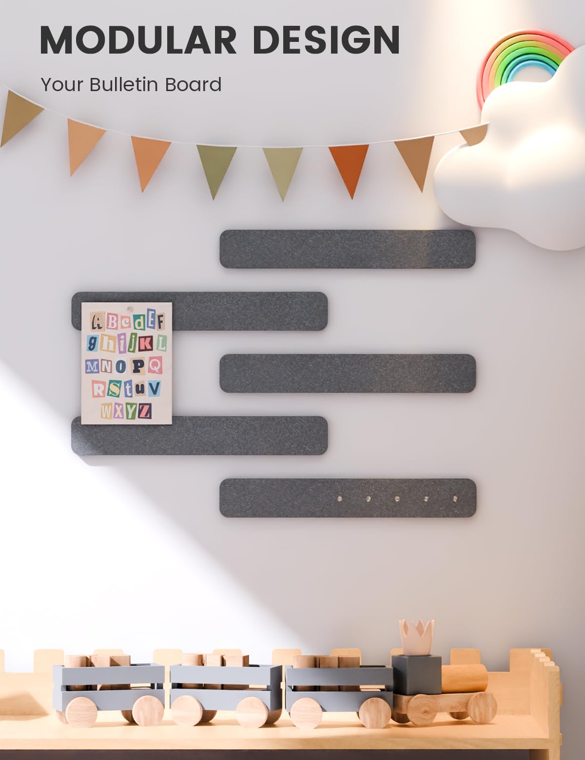 Fluxynara Cork Board Alternative Felt Strip Board 5-Pack 13"x2", Office Pin Board with 35 Push Pins, Adhesive Install for Bedroom Door & Home Office(Charcoal Gray)