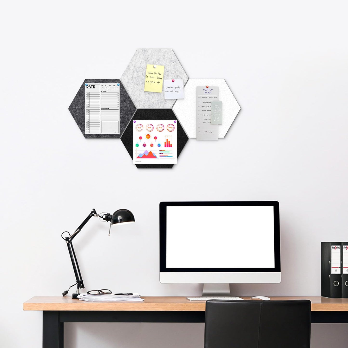 Uoisaiko 4 Pack Hexagon Felt Bulletin Board Tiles - 12" Large Thick Pin Board for Walls with 30 Push Pins, DIY Boards for Office Home School Decor, Aesthetic Hex Cork Board Alternative