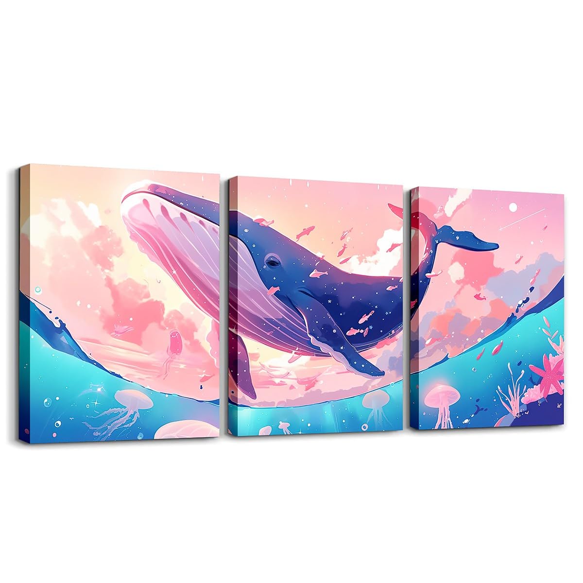 Feelyou Pretty Whale 3 Piece Canvas Wall Art for Living Room Bedroom Jellyfish Wall Art for Home Decor Ocean Animal Office Wall Decor Dreamy Pink Sky Wall Painting