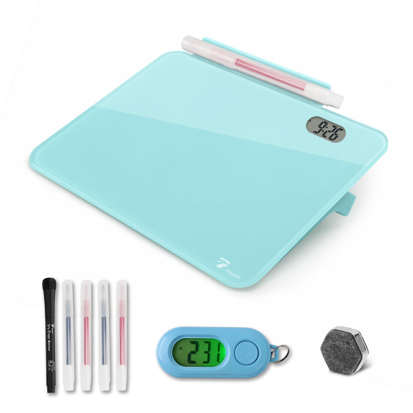Small Glass Desk Whiteboard Dry-Erase Board with Clock, Small Travel Clock Keychain with Desk Notepad, Time Table Whiteboard for Desk Digital LED Light Display, 8x6 in with Accessories, Aqua Blue