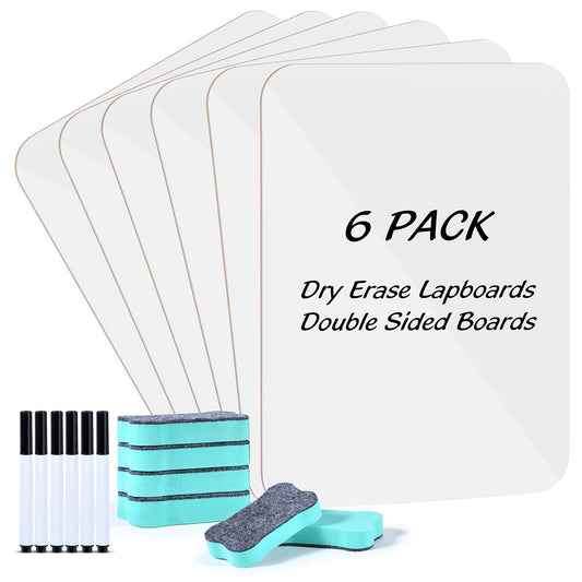 6 Pack Small White Board Dry Erase Boards Classroom Teachers Pack Mini White Boards 9" x12” Personal Whiteboards for School Students Supplies Lapboards l 6 Mini Erasers， 6 Makers Included (6)