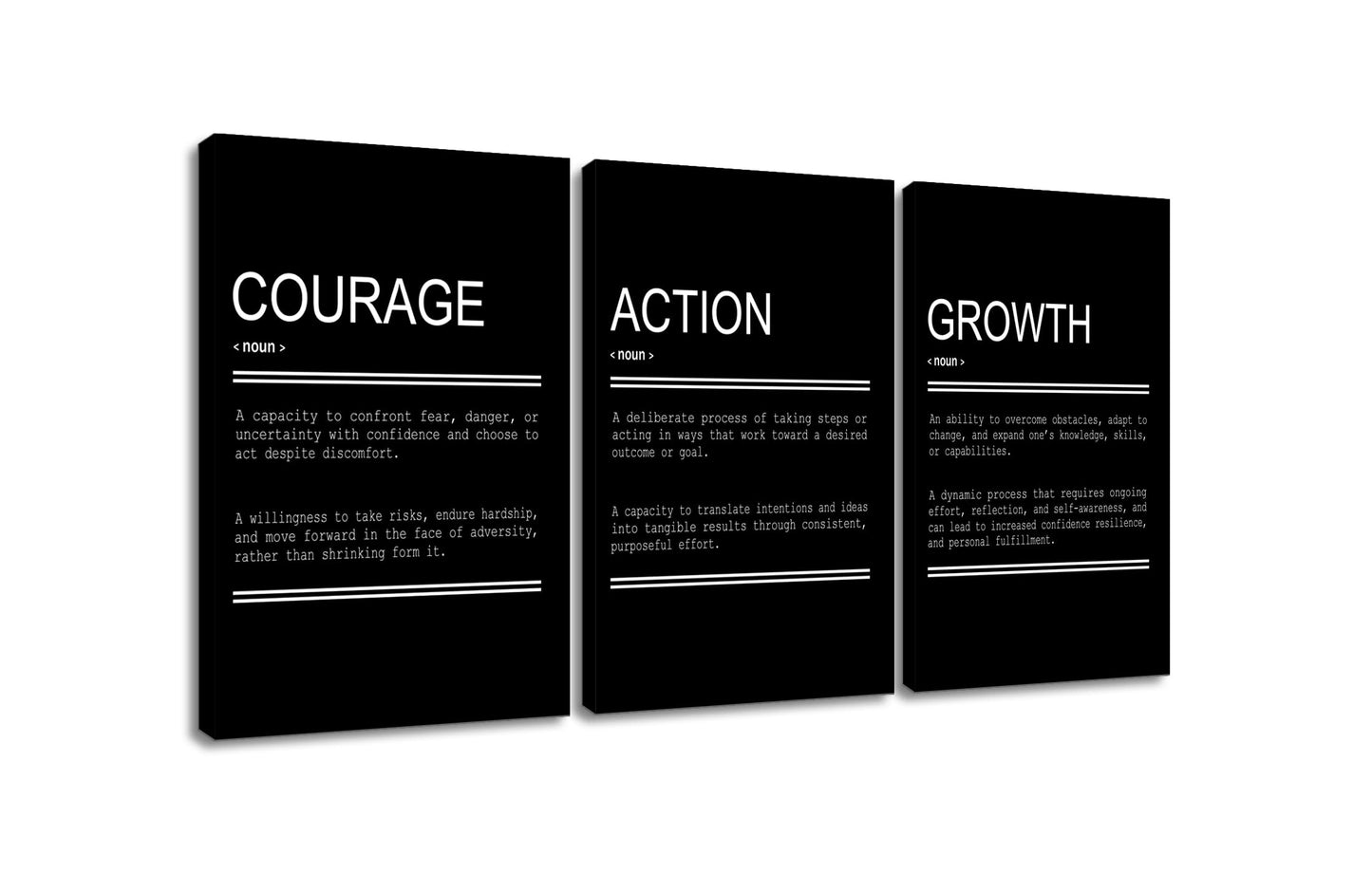YSPCSUN Triptych Wall Decor Inspirational Posters for Office, Black White Courage Action Growth Quote 3 Panel Canvas Prints for Home Office Dorm Classroom, 48x24 Inch Display