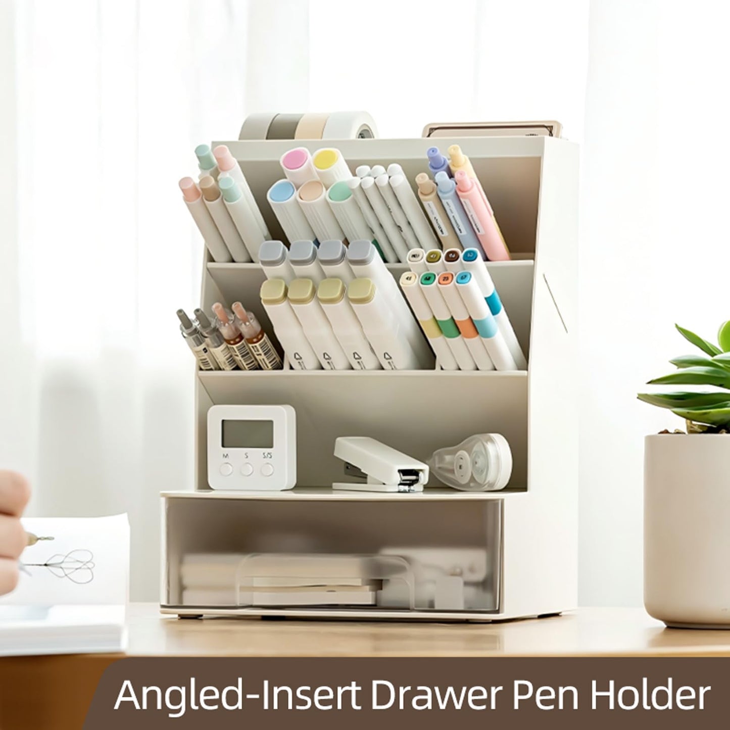 TNDCKP Large Plastic Pen holder with drawer and Vertical 6-Compartment, Dual-Purpose Art Supply Pencil Cup for Office, School, Home (WHITE)
