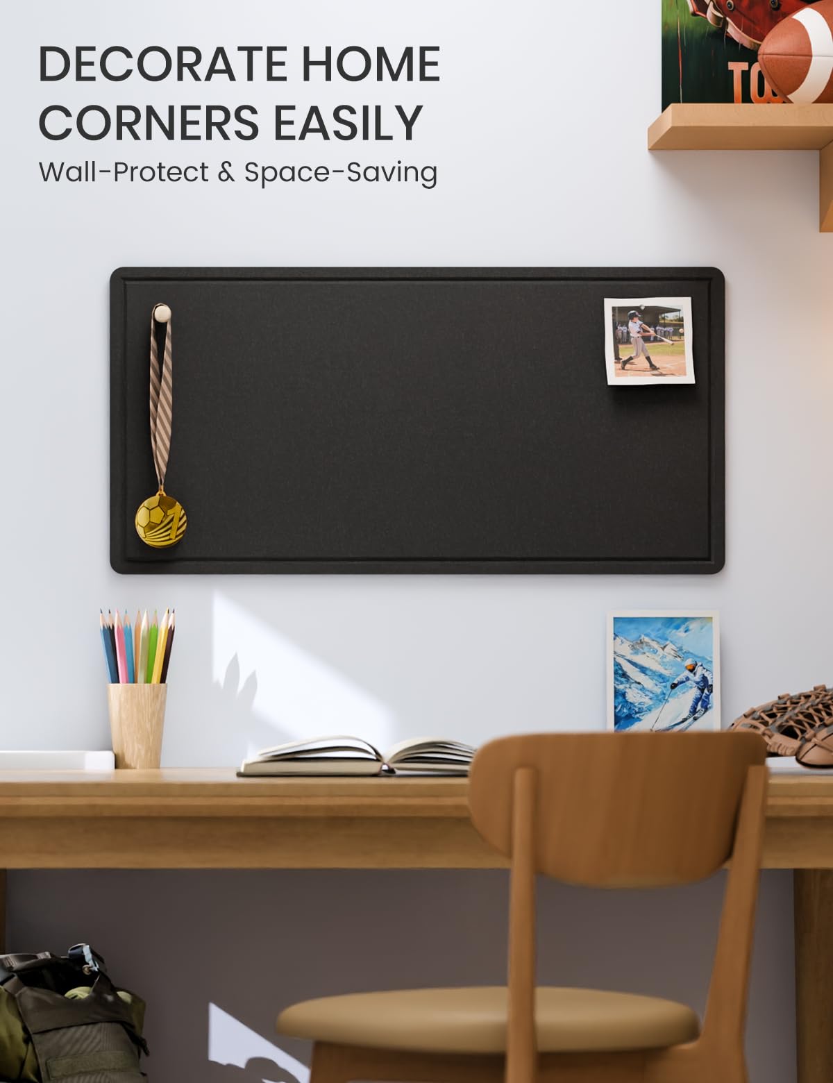Fluxynara Bulletin Board, 35" x 17.5" Cork Board Alternative with 12 Safe Removable Adhesive Tabs, Foldable Felt Pin Board for Home Office, Classroom, Bedroom,Entryway for Walls—Black