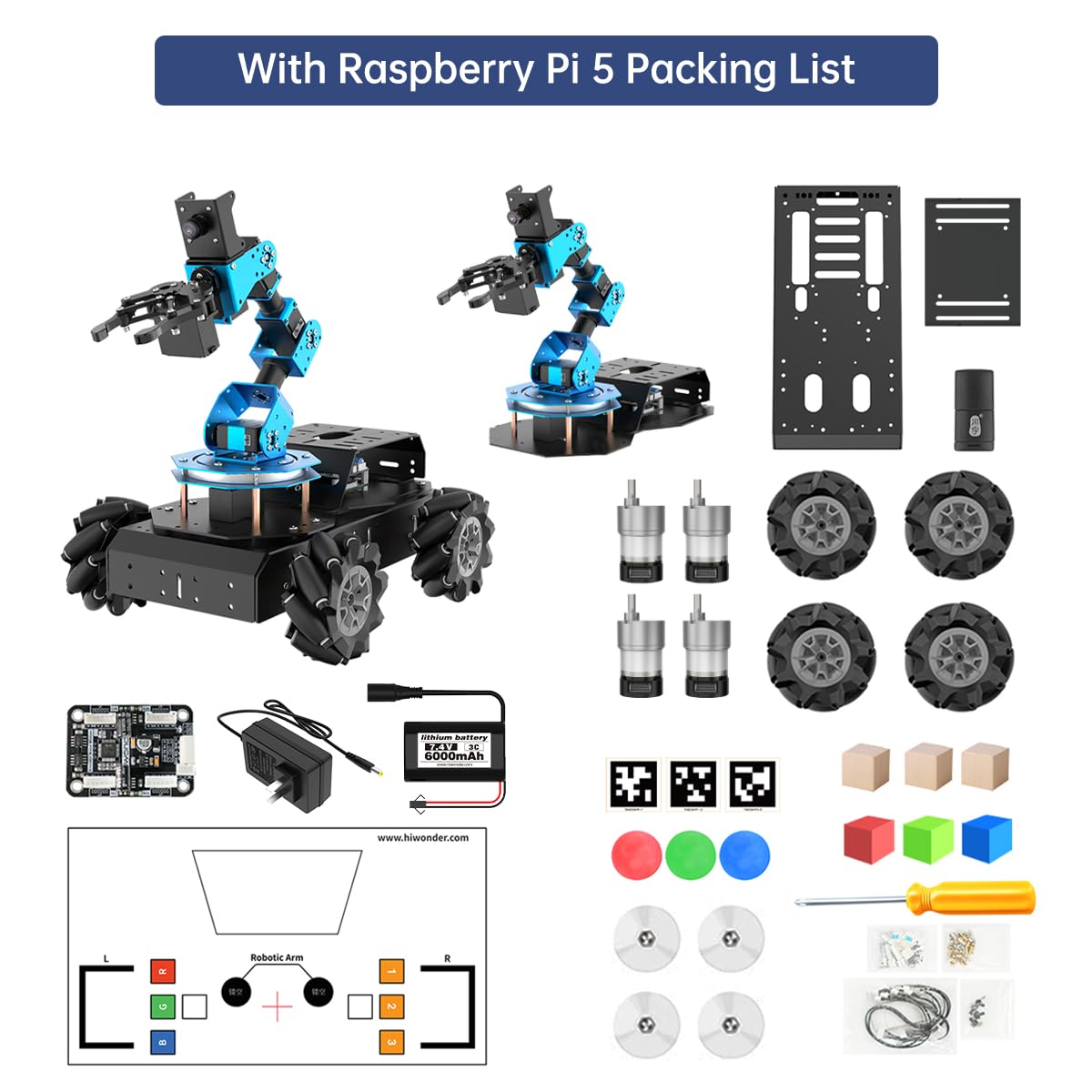 HIWONDER 6DOF Robot Arm Raspberry Pi 5 8GB AI Vision Robotic Arm Car with 4WD Mecanum Wheel Chassis DIY Robot ROS Open Source for Adults and Teens
