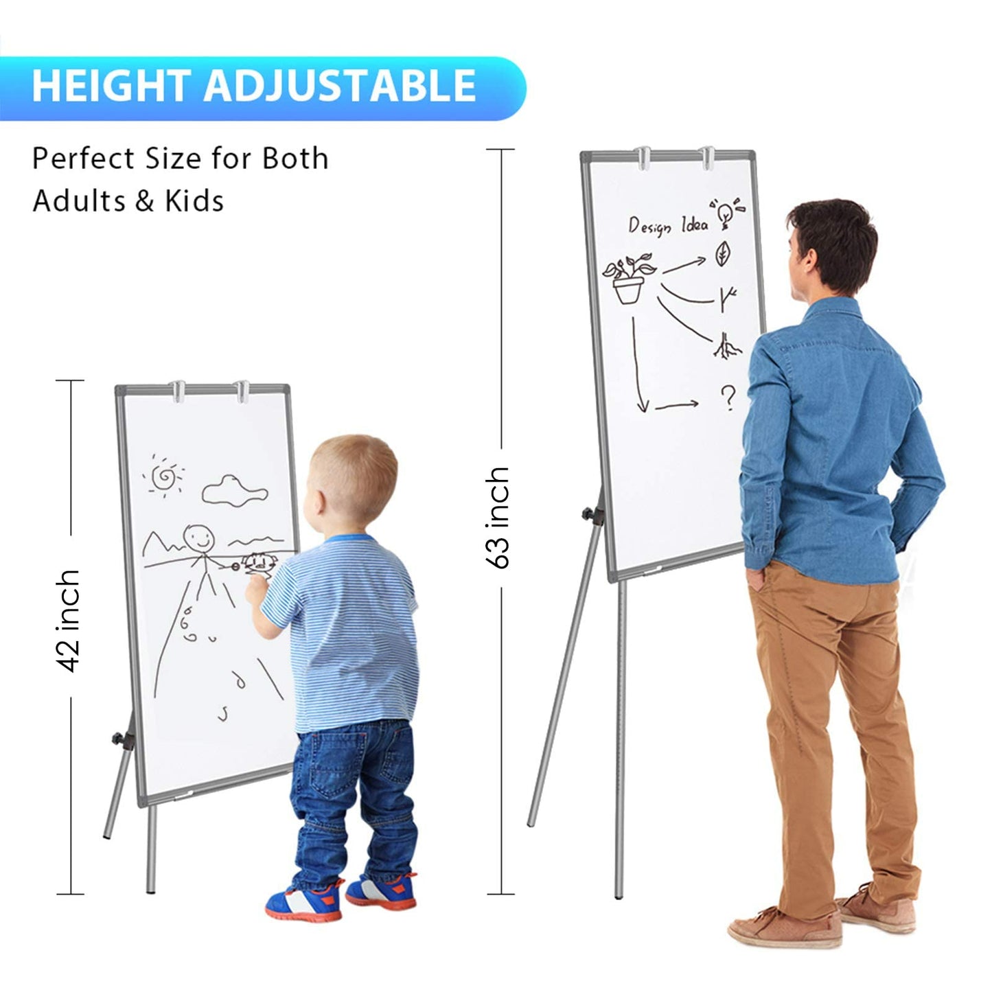 Easel Whiteboard - Magnetic Portable Dry Erase 36 x 24 Tripod Height Adjustable, 3' x 2' Flipchart Easel Stand White Board for Office (36x24 Gray)