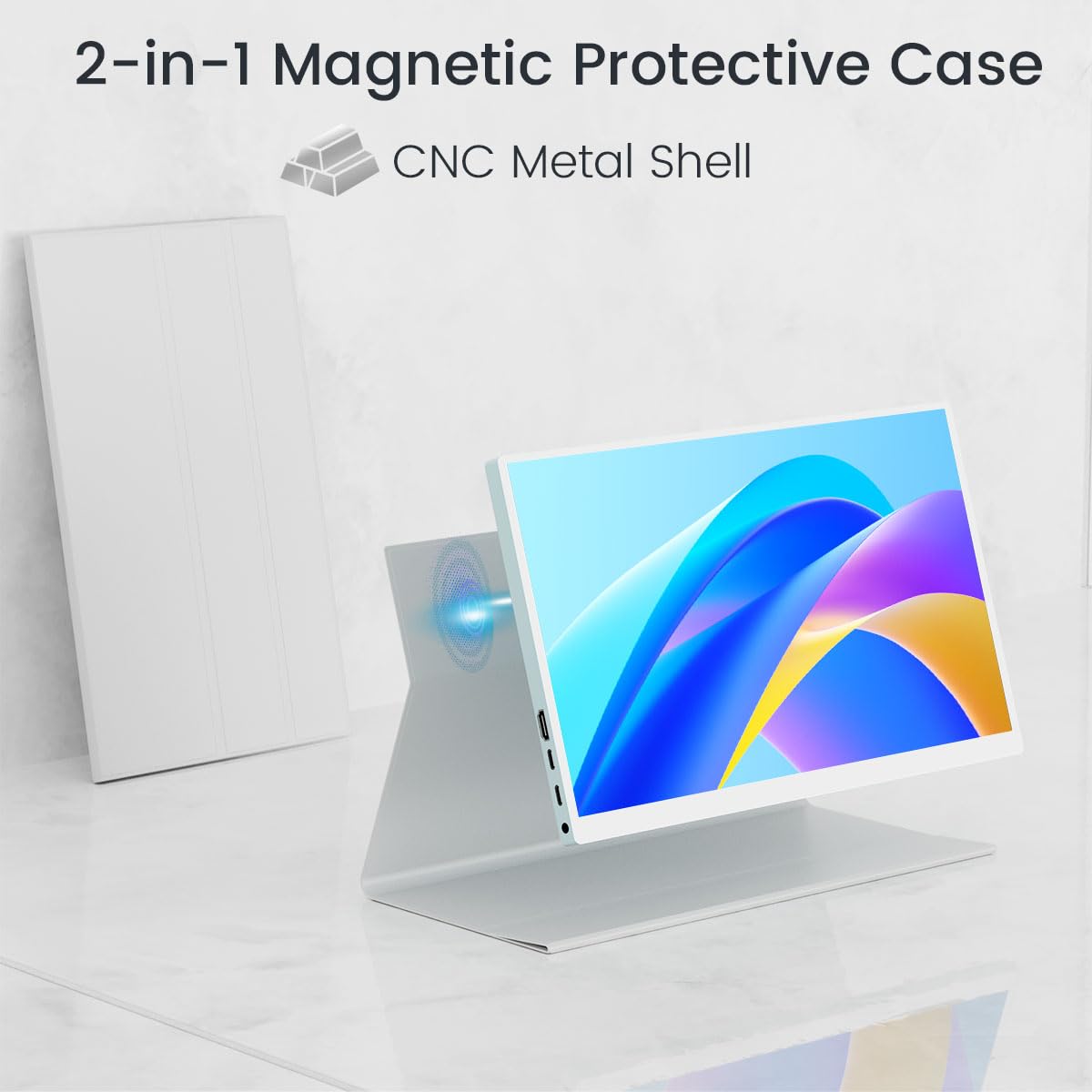 Prechen 15.6'' Touchscreen Portable Monitor, FHD IPS Display with Built-in Speaker & Protective Case, 10-Point Touch Screen, HDMI & USB-C Travel Monitors for Laptop, PC, Phone,Metal Gray + White
