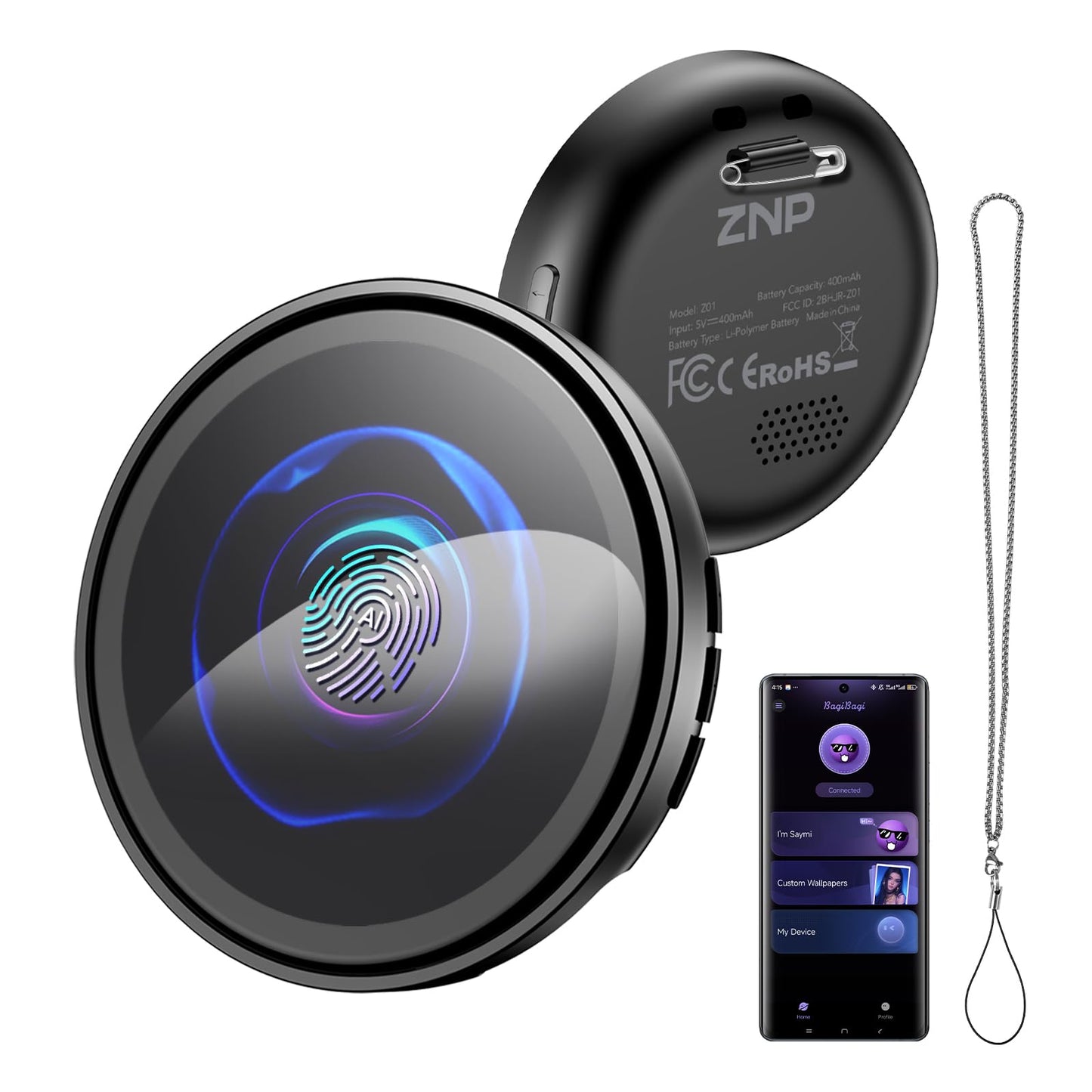 ZNP Z01 AI Companion Digital Badge, Wearable Bluetooth 6.0 Translator with HD Touch Screen, Smart AI Assistant Badge for Travel Business Daily Life (Z01&Pin)