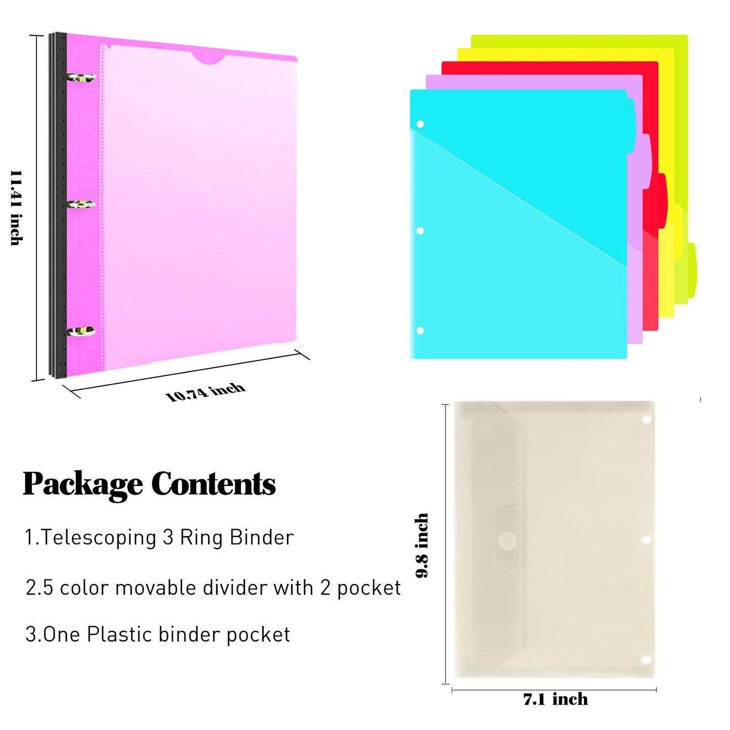 INFUN 1 Inch 3-Ring Telescoping Project Organizer Binder,13 Pocket, Customizable Front Cover, 5 Colors Pocket Divider and Plastic Binder Pocket，225 Sheet Capacity-Pink