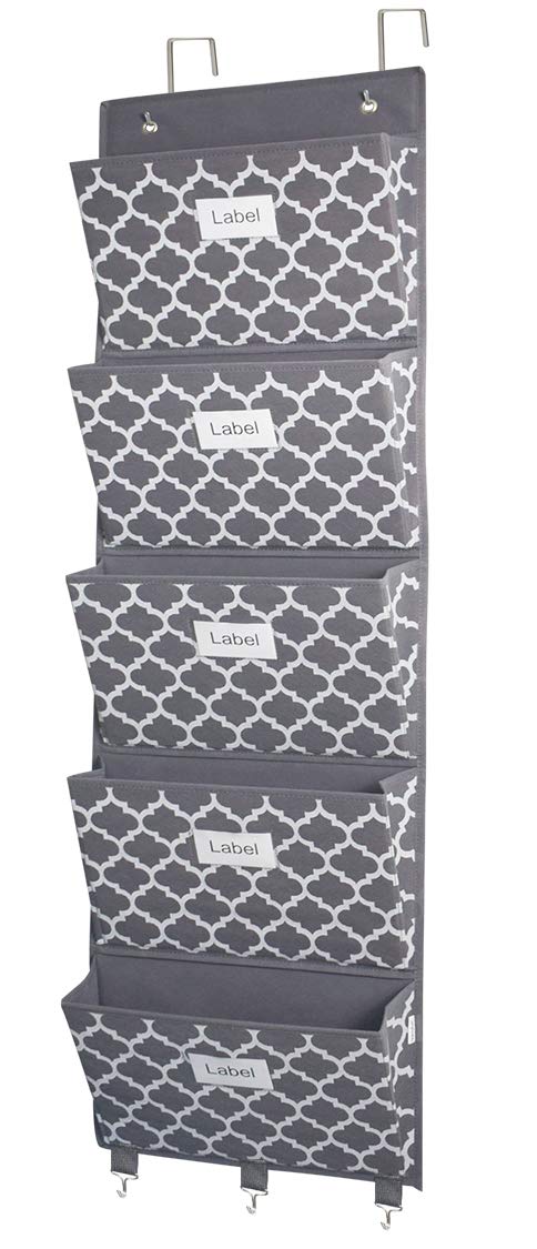 homyfort Over the Door File Organizer, Hanging File Folders, Wall Organizers and Storage for Mail, Magazine, Notebooks, Planners, Office, Classroom, 5 Extra Large Pockets (Grey Lantern Pattern)
