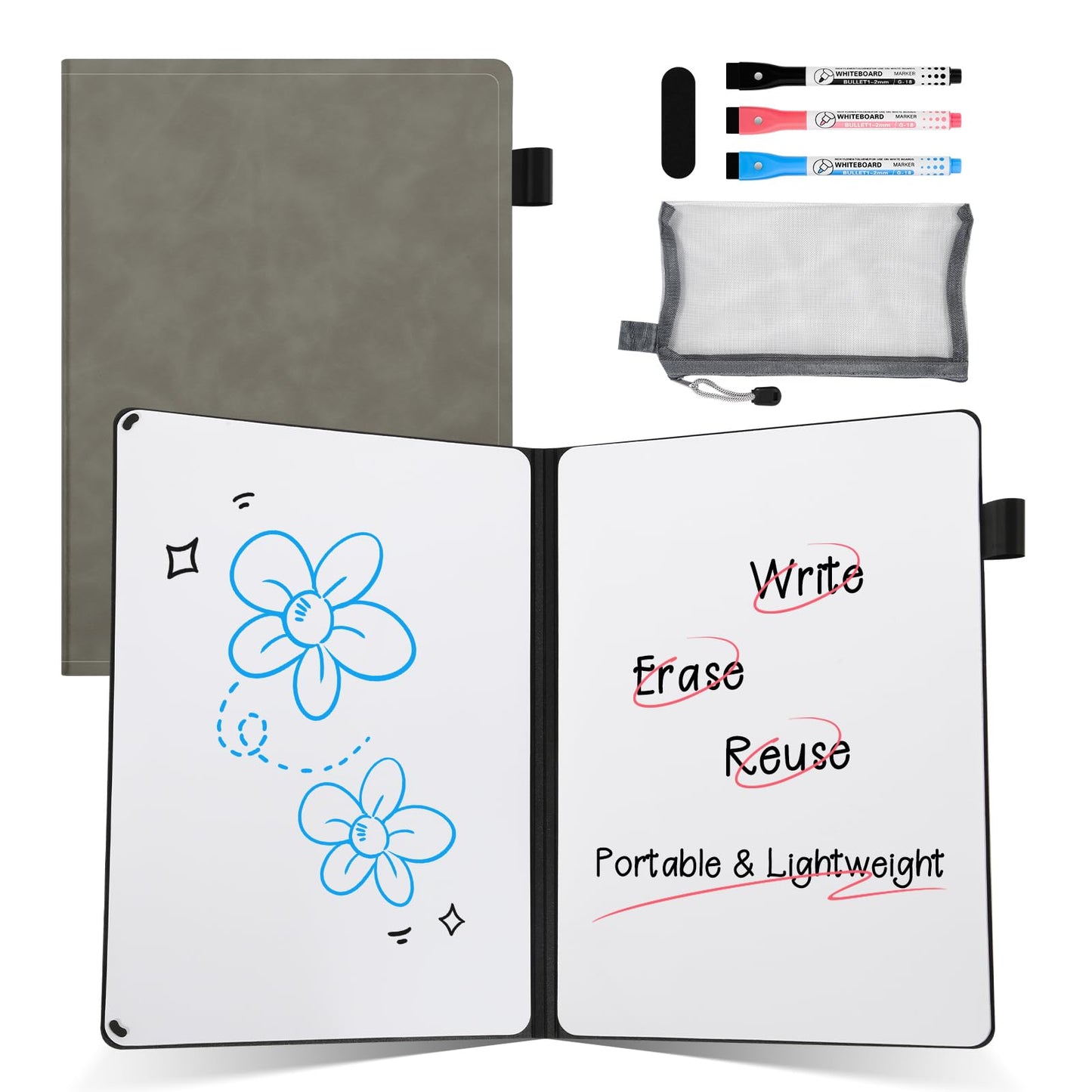 AGM Portable White Board Dry Erase Notebook, 8.4" x 6" Double Sided Folding Whiteboards with 3 Pens, Small Travel Dry Erase Board Skin-Friendly Material for Study, Meeting, Planning, Grey