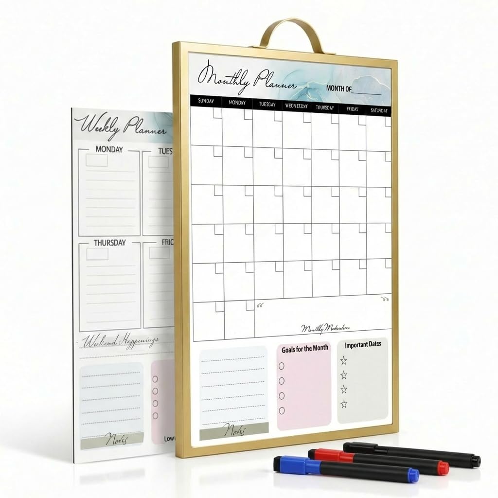 Lulu Office Magnetic Dry Erase Board 12x16 with Handle, Double Sided Portable Gold Whiteboard for Home, Office, School & Kitchen, Includes Weekly & Monthly Magnetic Planner Sheets