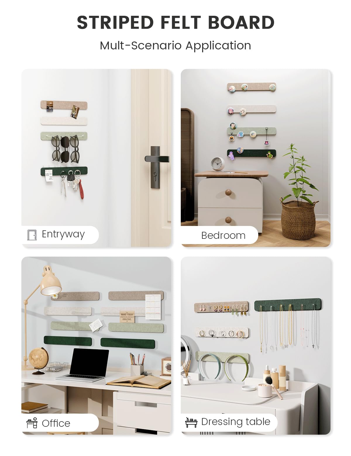 Fluxynara Cork Board Alternative Felt Strip Board 8-Pack 13"x2", Office Pin Board with 50 Push Pins, Adhesive Install for Bedroom Door & Home Office (Nordic Moss)