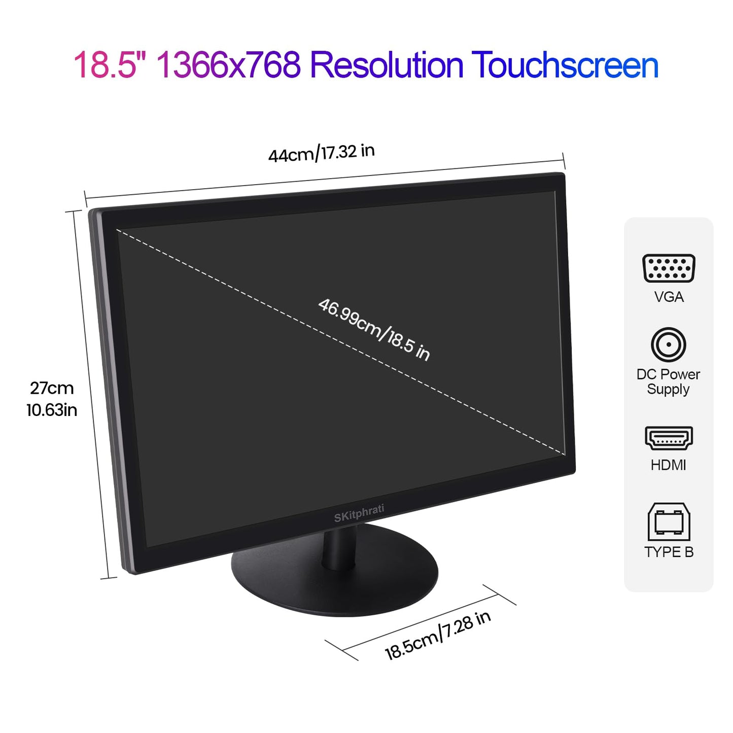 SKitphrati 18.5 Inch Touchscreen Monitor HD 1366x768, VESA Wall Mountable, 10-Points Computer Touch Screen PC Display with Type-B HDMI VGA Port, 75Hz Desktop Touch Display, Black