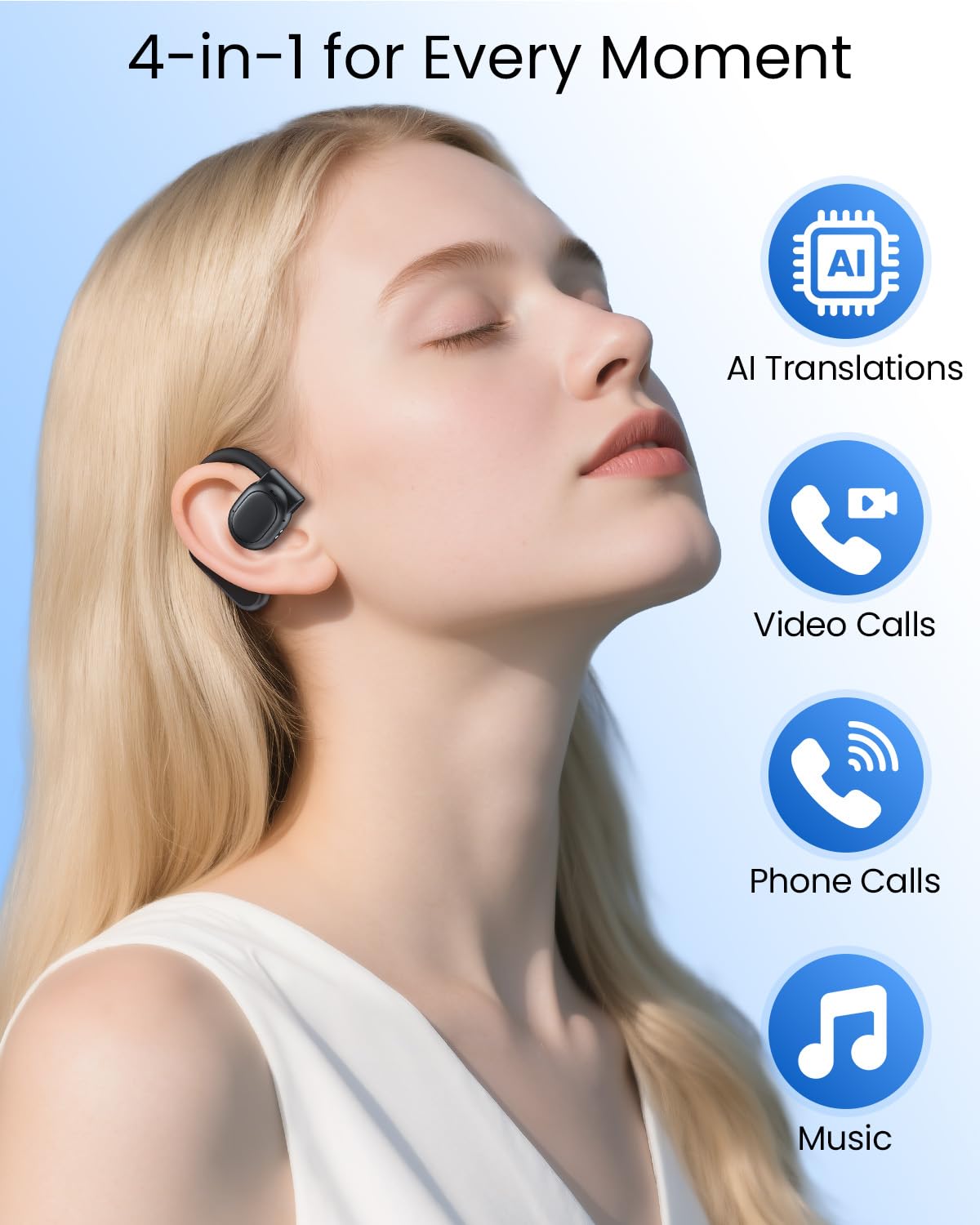 AI Translation Earbuds Real Time 164 Languages 80H Playtime Translator Ear Buds Audifonos Traductores Inglés Español Wireless Earphones Bluetooth AI Headphone for Travel Meeting Learning K08 Black