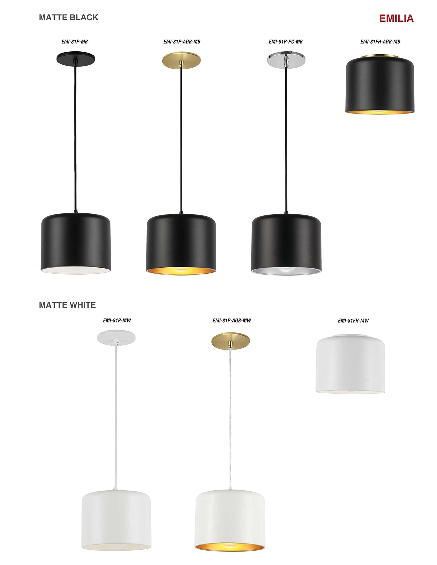 Dainolite 1 Light Pendant Matte Black EMI-81P-AGB-MB, Brass Finish