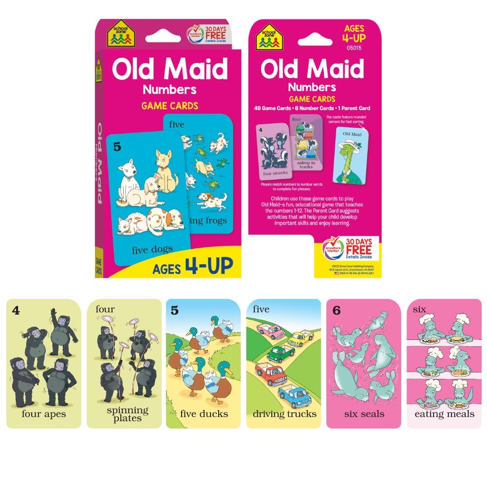 School Zone Preschool 4-Pack Flash Cards: 224 Cards, Pre-K, Colors, Shapes, Numbers 0-25, Old Maid Numbers, Kids Game Cards, Puzzle Cards, Counting, Rhyming Words, Readiness Skills, Ages 4+