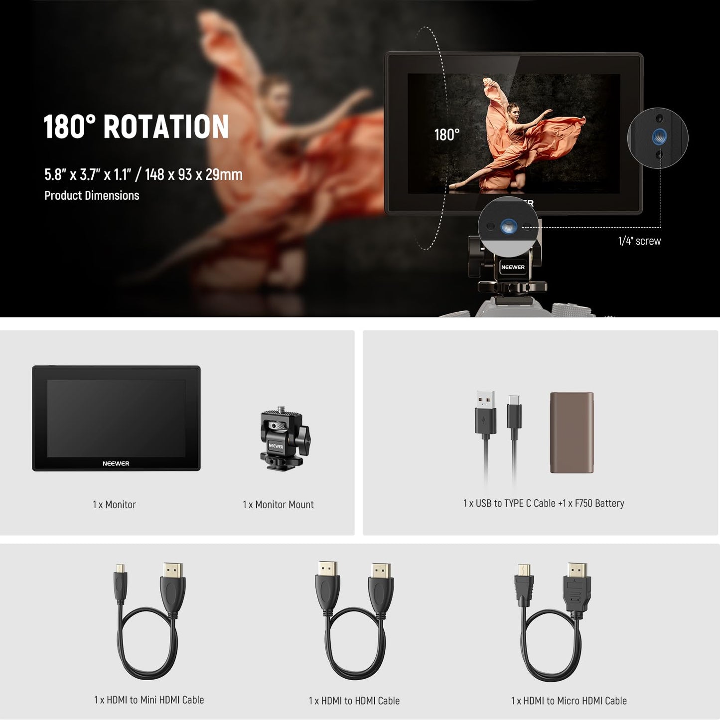 NEEWER 5.5" Camera Field Monitor, 2000nit HD 1920x1080 IPS Touch Screen, 4K HDMI Loop in/Out with 3D LUT Peak Focus DSLR Video Assist HDR Waveform, 5200mAh F750 Battery, DC7-24V/Type C 5V In, F500 PRO