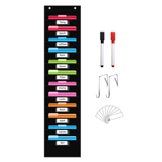 REGELETO 12 Pockets File Storage Pocket Chart with 12 Nametag Pockets,Hanging Wall File Organizer for Classroom and Office, Organize Your Assignments, Files, Scrapbooks, Paper (Black)