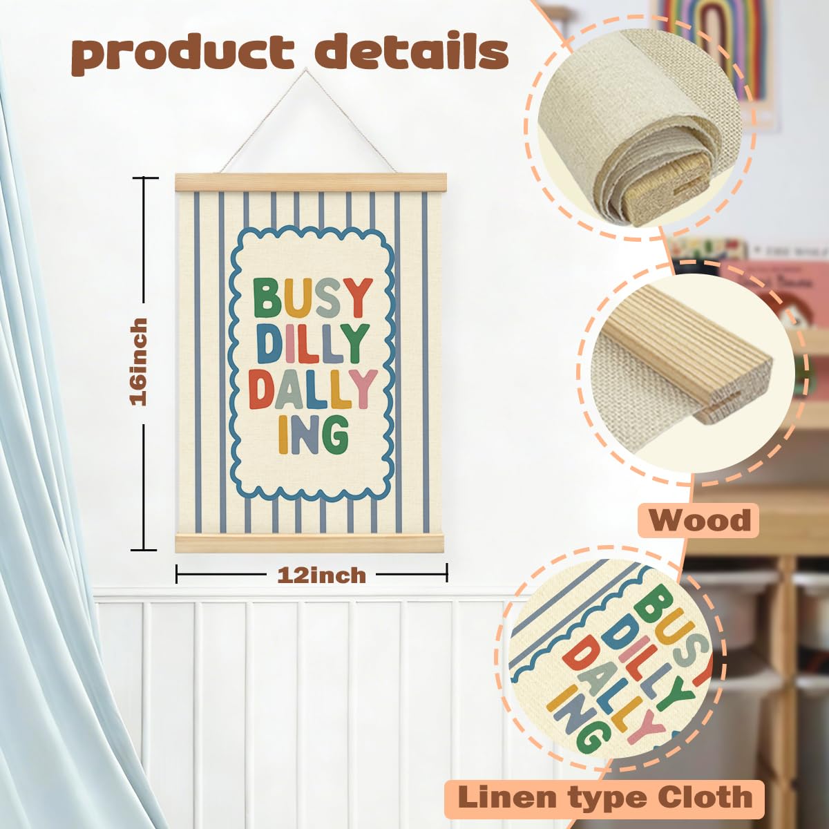STHTTSW Playroom Wall Decor, Positive Quote Busy Dilly Dallying Art, Boho Classroom Decor, Apartment Nursery Wall Art for Toddler Boys Girls, Kids Room Baby Room Essentials, 12x16 Inches
