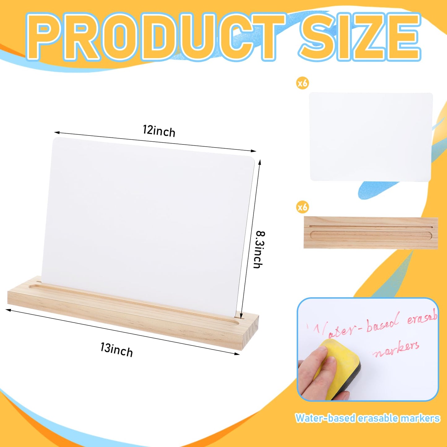 Qunclay 12 Pcs/ 6 Set 13" Portable Mini Whiteboards for Students Wooden Lapboard Stand Portable Desktop Dry Erase Small Whiteboard with Stand for Classroom School Office Home Teacher Desk Supplies