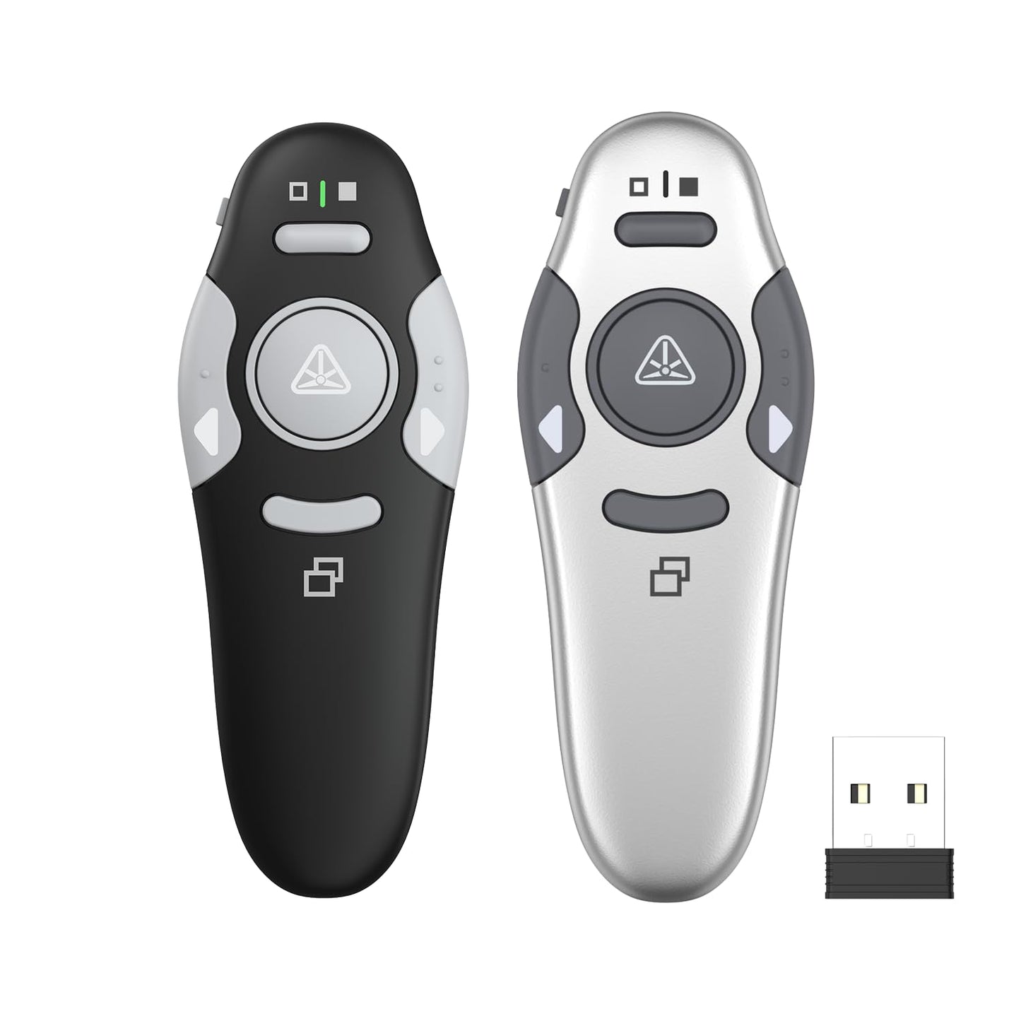 QUI 2 Pack Presentation Clicker, Wireless Presenter Remote Clicker for PowerPoint, Slide Advancer for Mac, Windows, Google Slide, Keynote (USB, Black Silver)