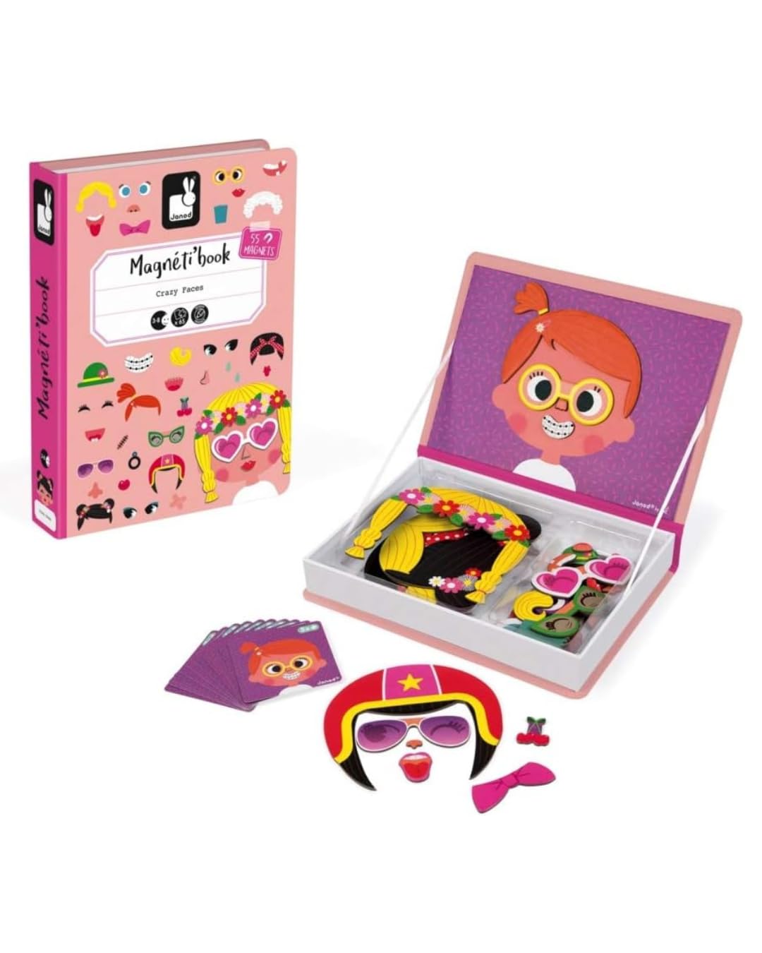 Janod MagnetiBook 66 pc Magnetic Girl Crazy Face Dress Up Game - Ages 3+ - Creative Play - Enhances Creativity and Learning - Includes 55 Magnetic Pieces and 10 Cards