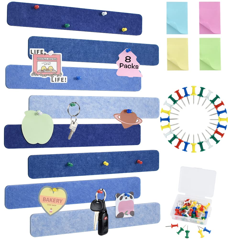 Vuzvuv 8 pcs Bulletin Board Bar Strips with 50 Pushpins & 10 Wooden Clip pins，Self Adhesive Cork Board for Wall，Felt Pin Board for School，Office Decor(Blue)