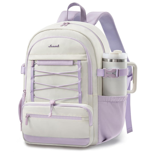 LOVEVOOK School Backpack for Teen Girls, Large Capacity College Bookbag with Water Bottle Holder, Cute Laptop Backpack Purse for Women, Lightweight Daily Backpack, Gift for Her, Off White-Lavender