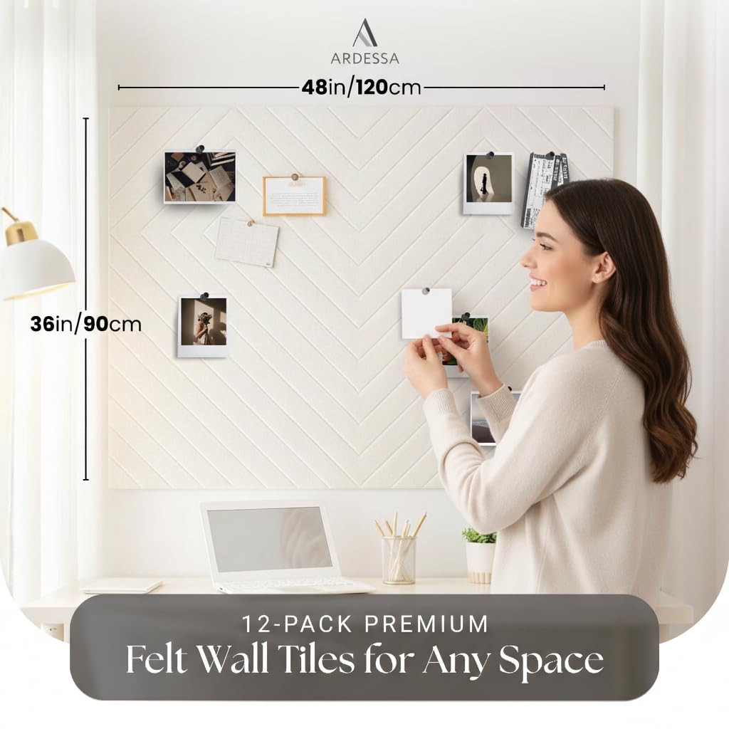 Felt Bulletin Board for Wall – Diagonal Slat Pinboard Tiles, Cork Board Alternative, 36x48in, Push Pins & Adhesive Tabs, Home Office & Classroom, 12-Pack (Warm Ivory)