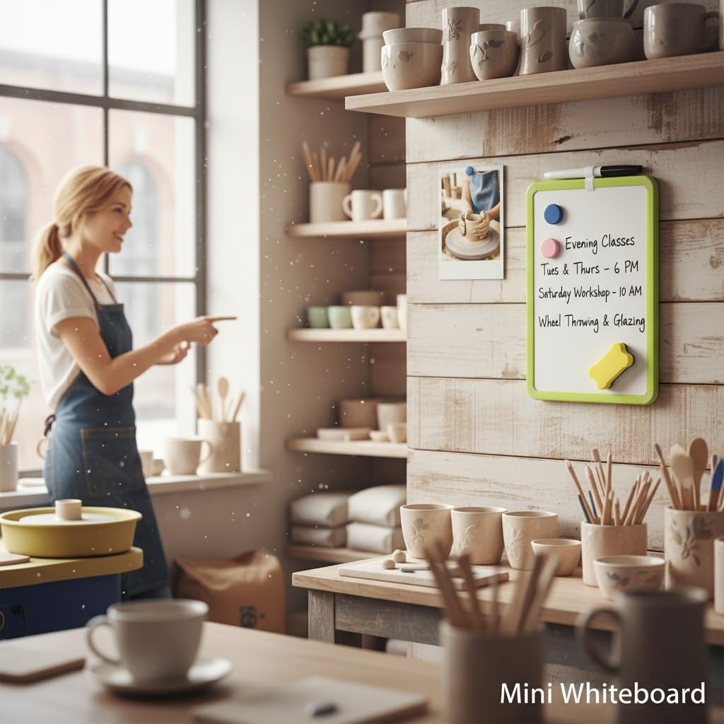 MXG Double Sided Dry Erase Board, 8x12 Inch Portable Small White Board with Green Frame, Handheld Whiteboard for Desk, Fridge, Wall, Door, Includes Marker, Eraser & Pen Holder