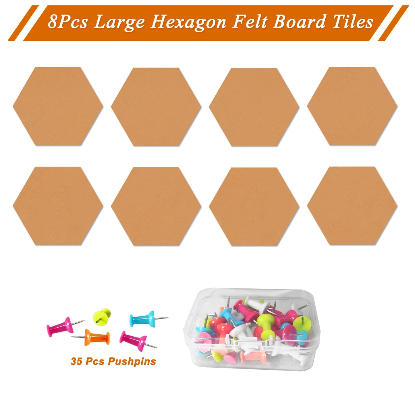 HULAVO Large Hexagon Felt Cork Board Tiles, Self Adhesive DIY Felt Bulletin Board Pin Board with 35 Pushpins for Office School Home Wall Decor Stickers Memos Photos Display(Deep Camel)