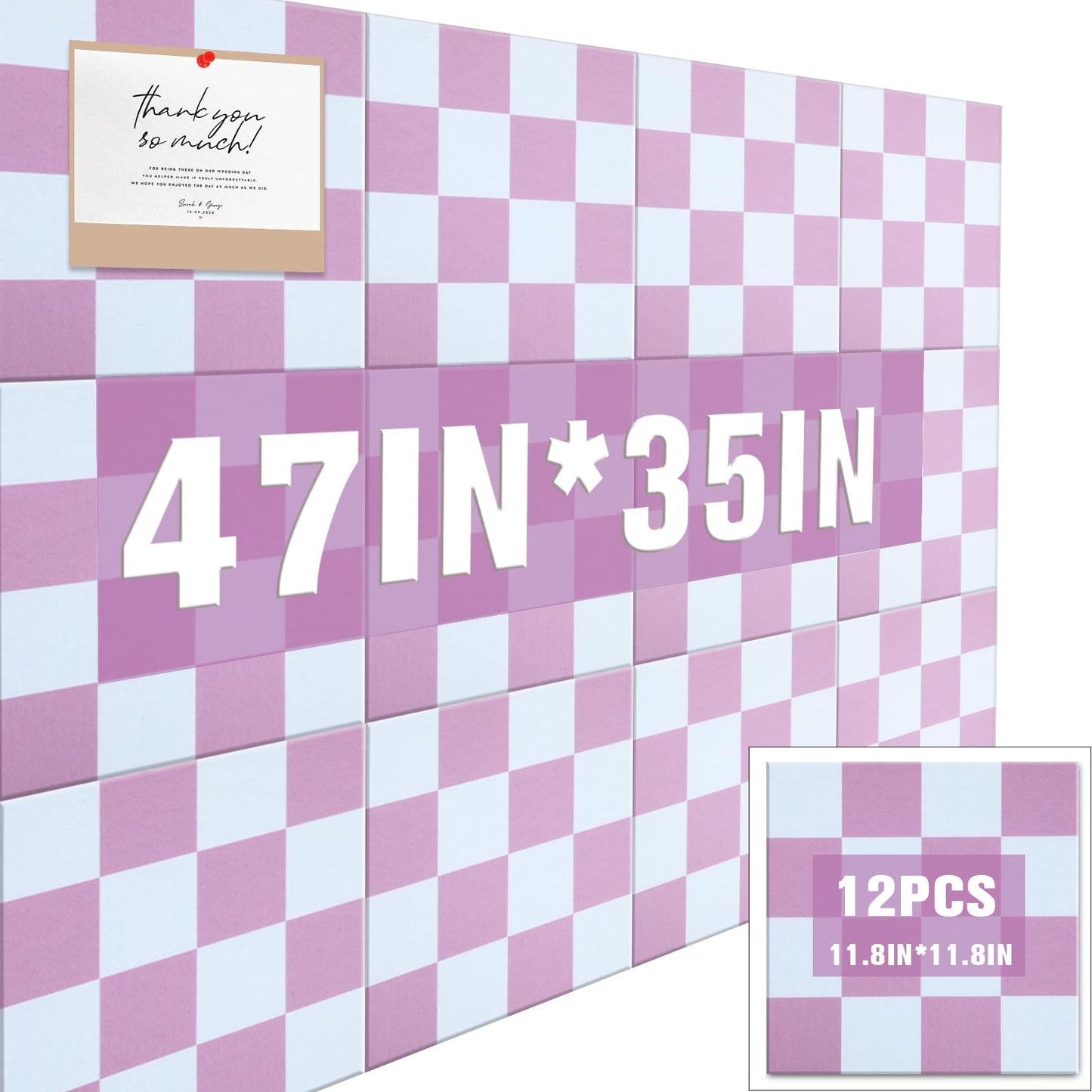 Geyoga 12 Pcs Felt Bulletin Board Tiles for Wall Classroom 12 x 12 Inch Checkered Classroom Wallpaper Backdrop Decor Racing Acoustic Wall Panels Self Adhesive for School Office Home(Pink)
