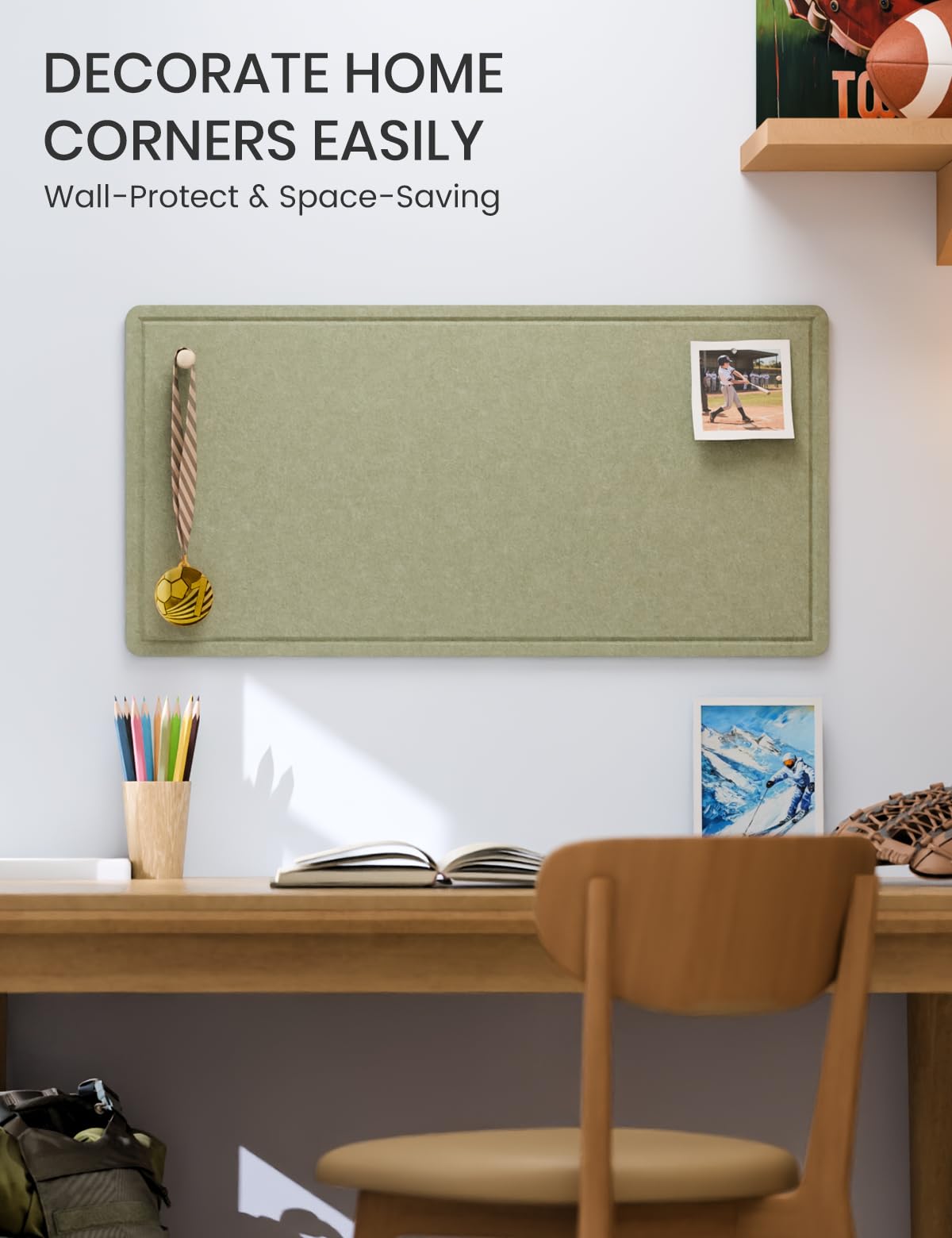 Fluxynara Bulletin Board, 35" x 17.5" Cork Board Alternative with 12 Safe Removable Adhesive Tabs, Foldable Felt Pin Board for Home Office, Classroom, Bedroom,Entryway for Walls—Sage