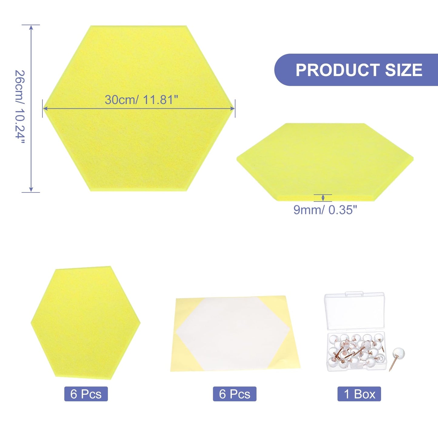 PATIKIL Felt Bulletin Board, 12"x10", 6 Packs Self Adhesive Hexagon Felt Tiles for Sound Proofing Wall Panels for Home Office Recording Studio,Game Room, Lemon Yellow