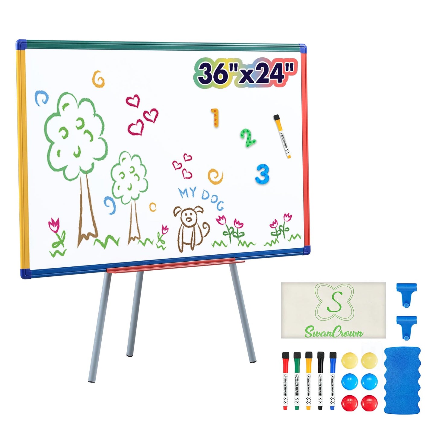 Dry Erase Board with Stand Magnetic Whiteboard for Kids Easel Flipchart Board for Classroom Easel White Board with Stands Teacher Easel, Colorful Frame,36x24 inches