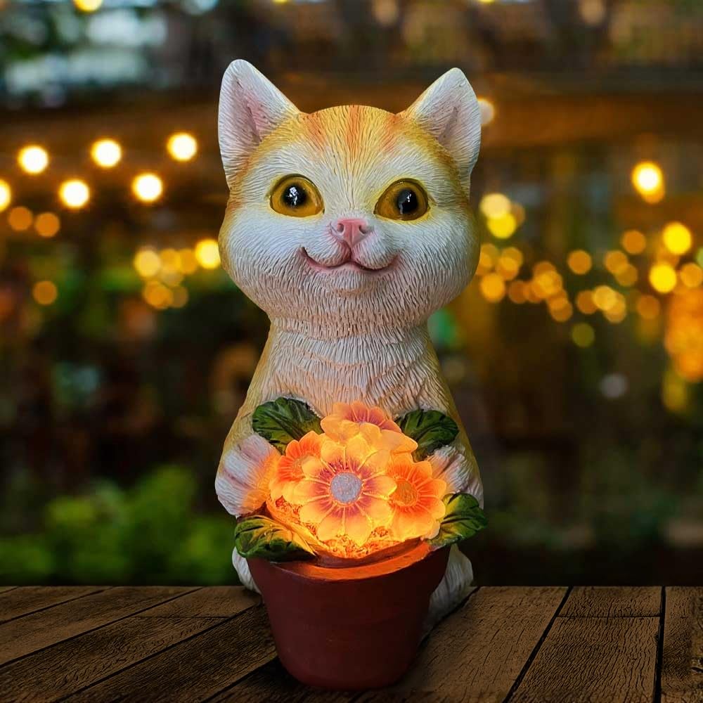 YODY Solar Garden Cat Statue with Flower Pot - Yellow Outdoor Decor for Patio, Balcony, Backyard - Unique Gift for Cat Lovers
