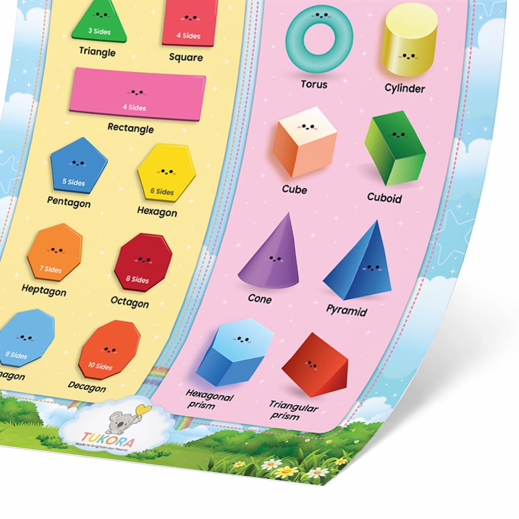 Tukora 2D and 3D Shapes Educational Poster for Kids A3 Classroom Learning Chart Colourful Maths Geometry Wall Poster for School, Nursery & Homeschool Premium UK Made Design