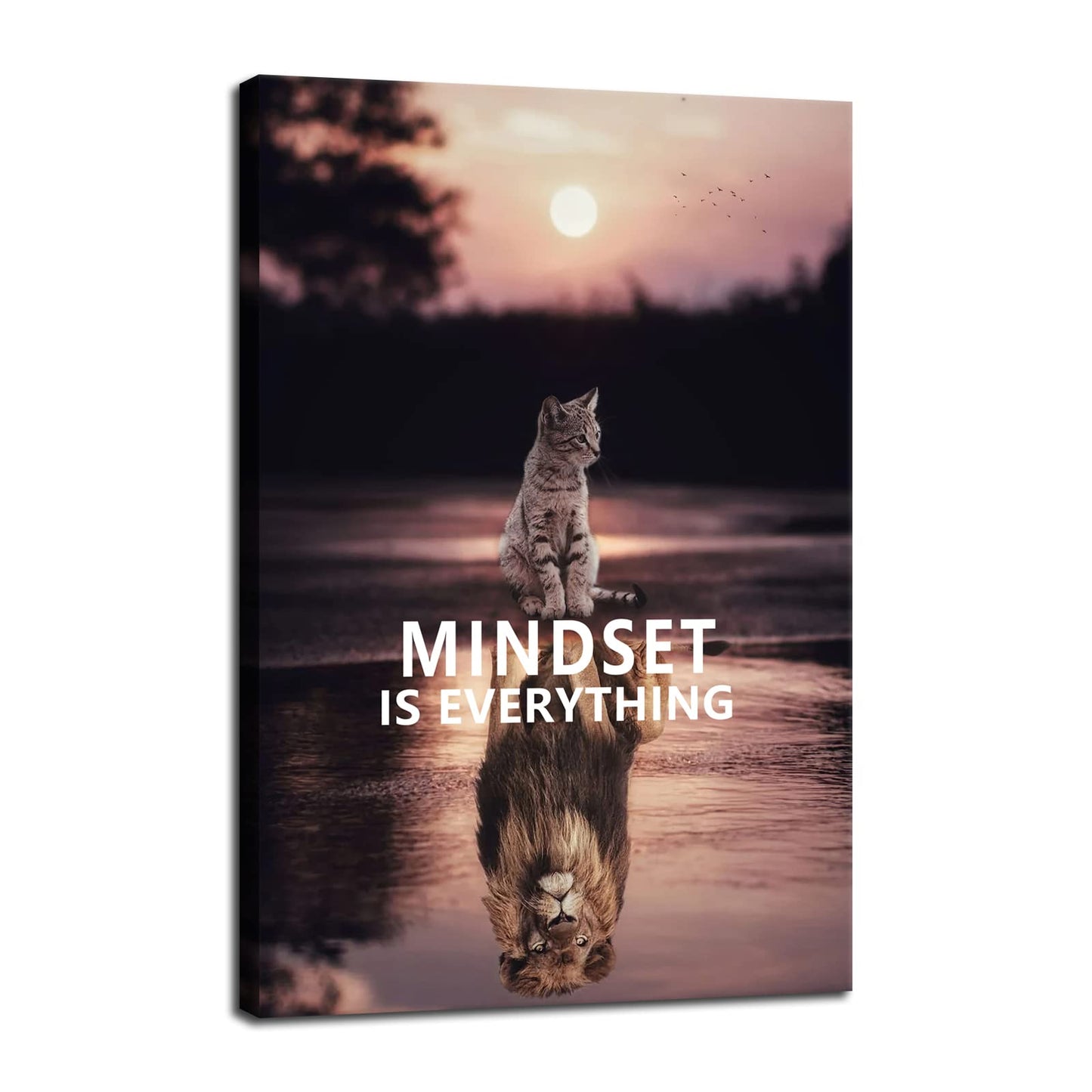 Inspirational Entrepreneur Canvas Print Wall Art Mindset is Everything Cute Kitten and Lion Inspirational Poster Print Artwork Bedroom Office Home Decoration Frame Ready to Hang[12''W X 18''H]