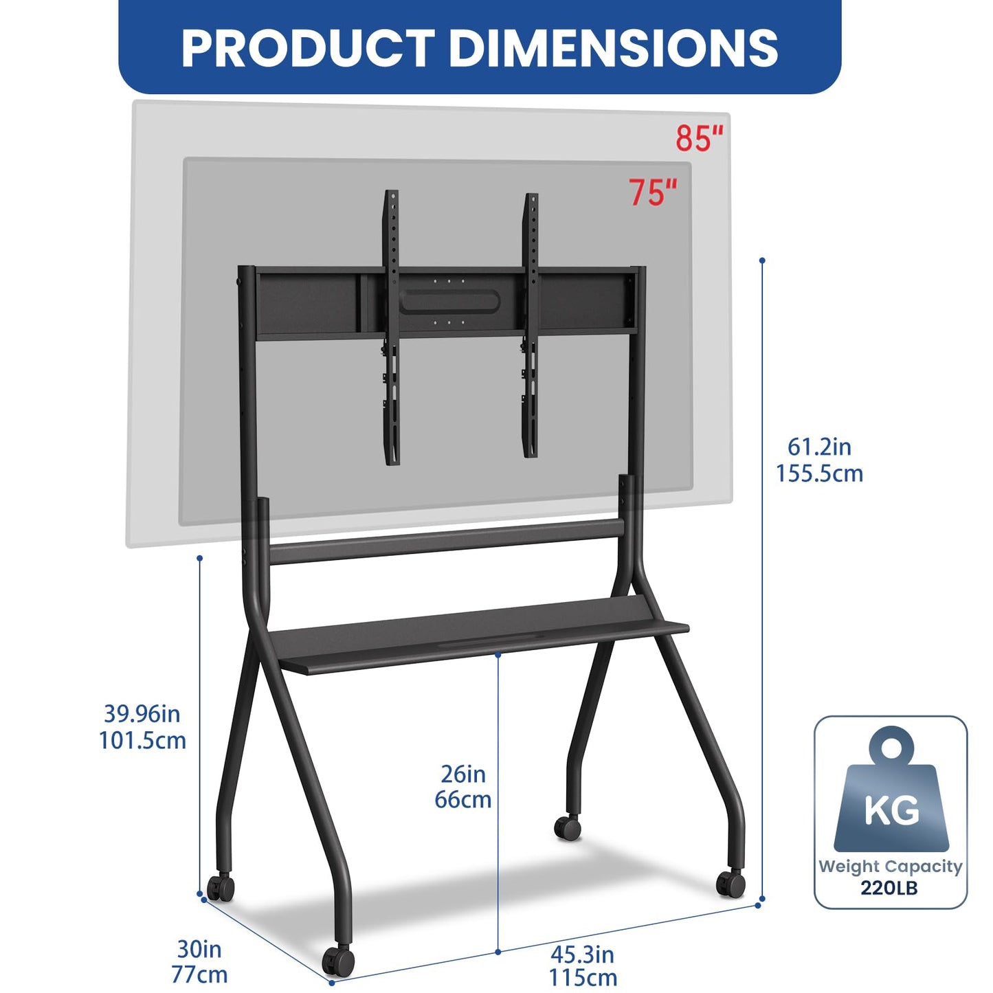 KEINONE 75"- 85" Smart Board Stand for Interactive Whiteboard, Mobile Stand with Four Lockable Wheels, Stable and Easy to Move for Home Office School Classroom, Black