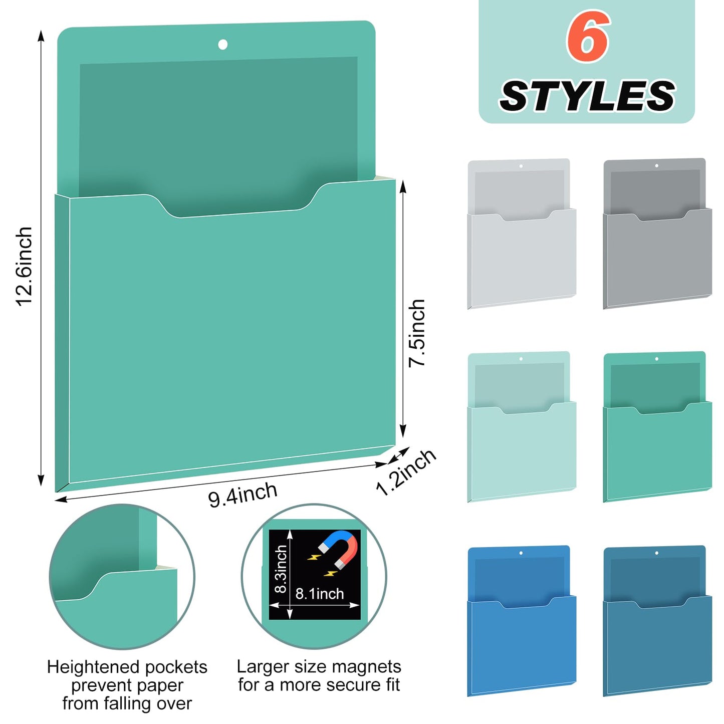 Fuutreo 6 Pcs Magnetic Wall File Organizer Magnetic Wall File Holder Refrigerator Magazine Holder for Mail Letters Paper(Aqua Green,Vertical-large)