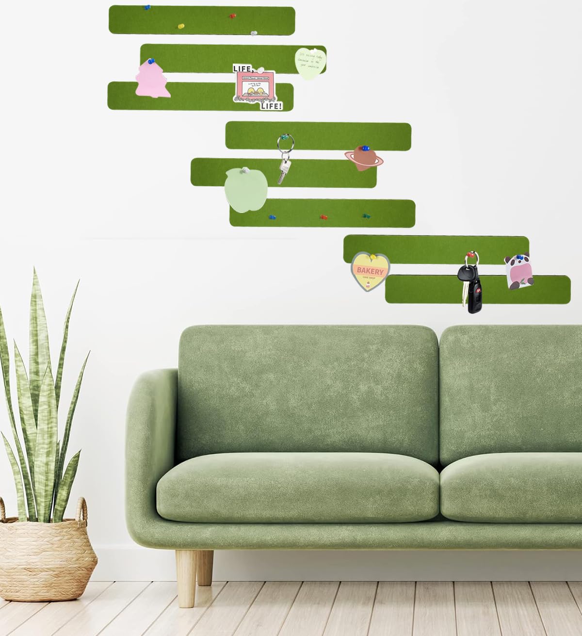 Vuzvuv 8 pcs Bulletin Board Bar Strips with 50 Pushpins & 10 Wooden Clip pins，Self Adhesive Cork Board for Wall，Felt Pin Board for School，Office Decor(Olive Green)