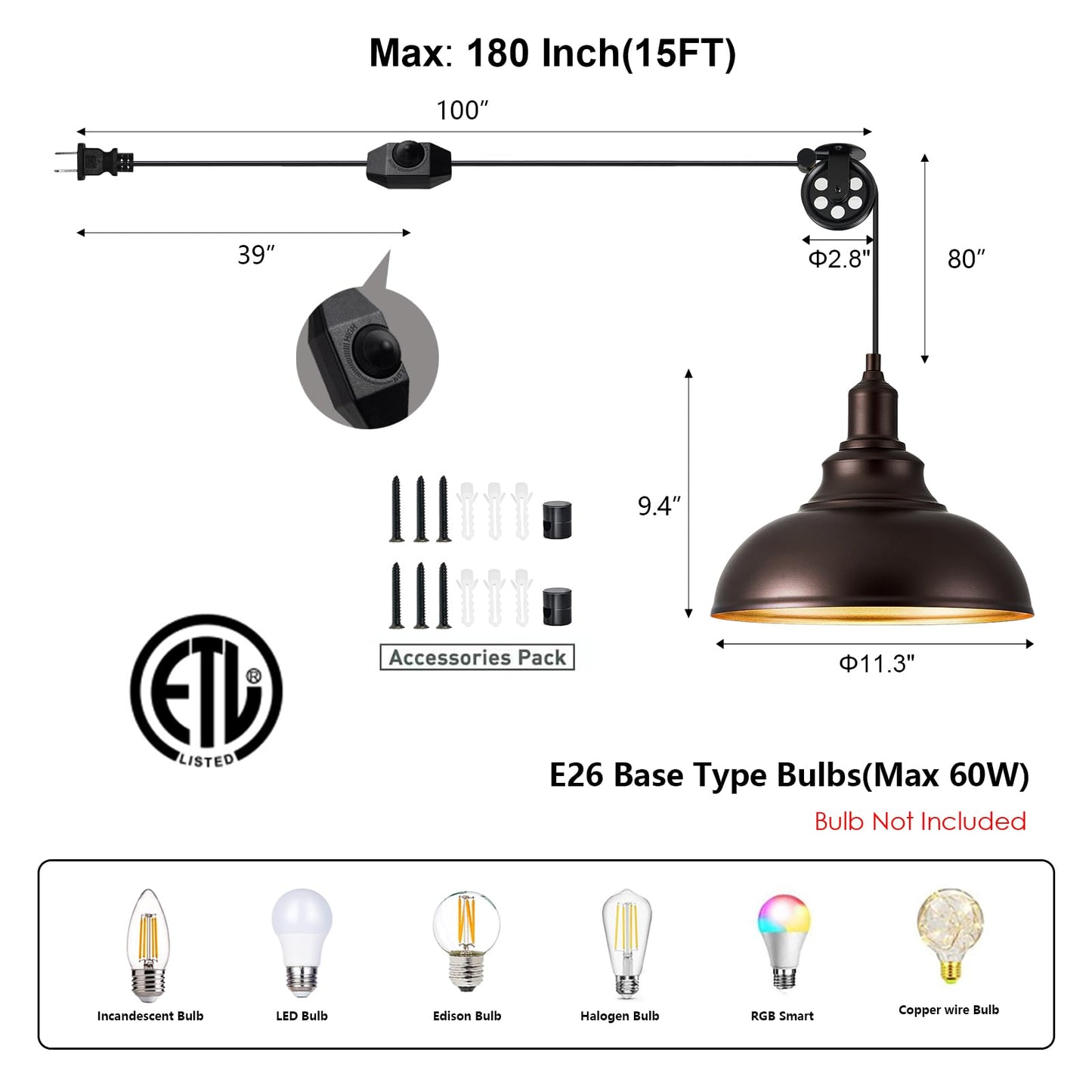 ALAISLYC Oil Rubbed Bronze Pendant Light, 2 Pack, Dimmable, Adjustable Pulley, Metal Hanging Lamps for Living Room, Kitchen, Bedroom