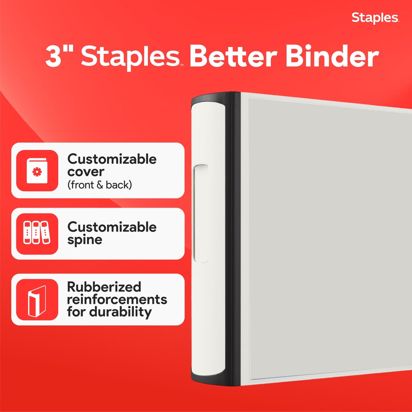 Staples Heavy-Duty 3-Inch D-Ring Binder, White – Large Capacity 3-Ring Binder with Pockets, Holds Up to 600 Sheets