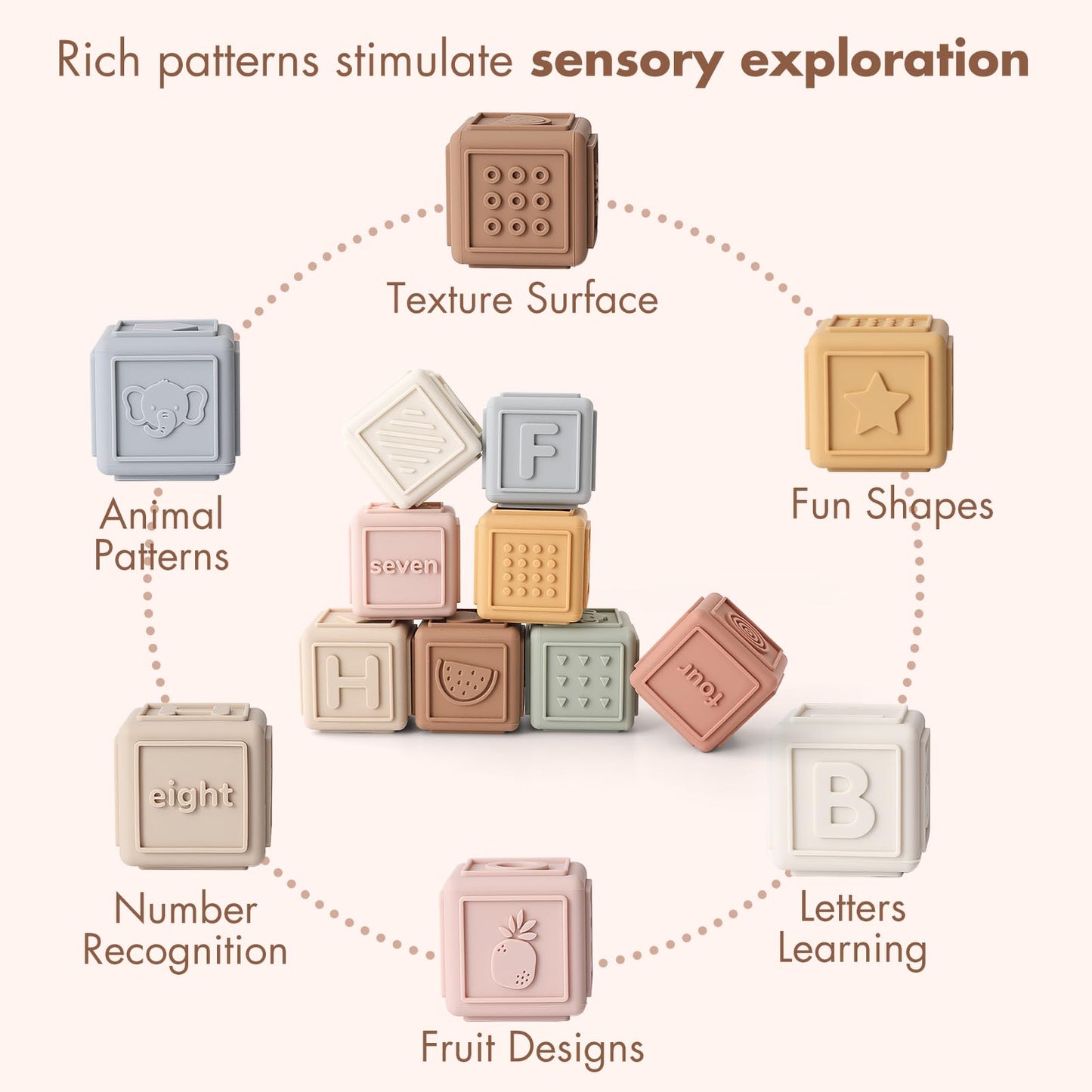YIVEKO Baby Blocks Stacking for Babies Silicone Soft Building Blocks Teethers Montessori Toys for Babies Education Toys for Toddler Baby 8 PCS-Gentle