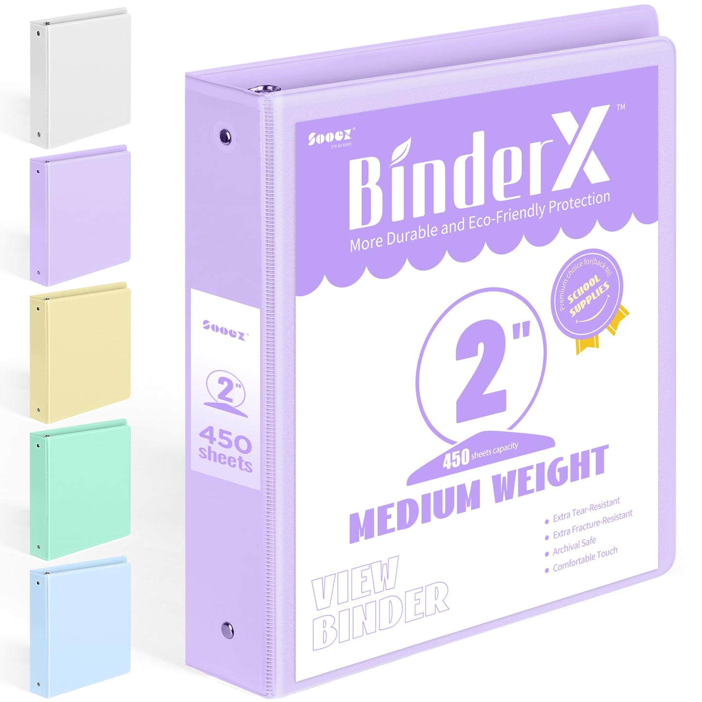 BinderX Extra Durable 3 Ring Binder, Round Ring 2 Inch Binders, Fits 450 Sheets of 8.5x11 Paper, Customizable View Cover with Inside Pockets, Cute 2" Binder, School Supplies for Girl, Lavender Purple