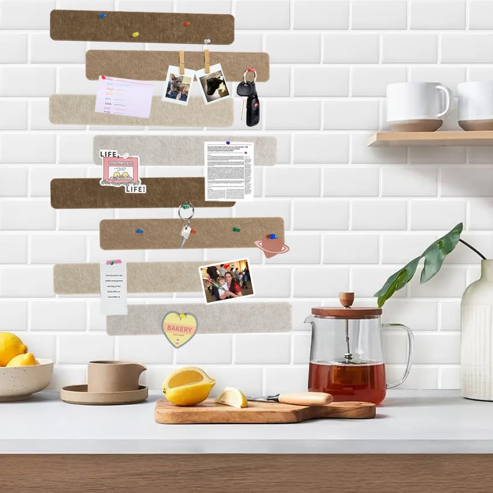 Vuzvuv 8 pcs Bulletin Board Bar Strips with 50 Pushpins & 10 Wooden Clip pins，Self Adhesive Cork Board for Wall，Felt Pin Board for School，Office Decor(Multi-Brown)
